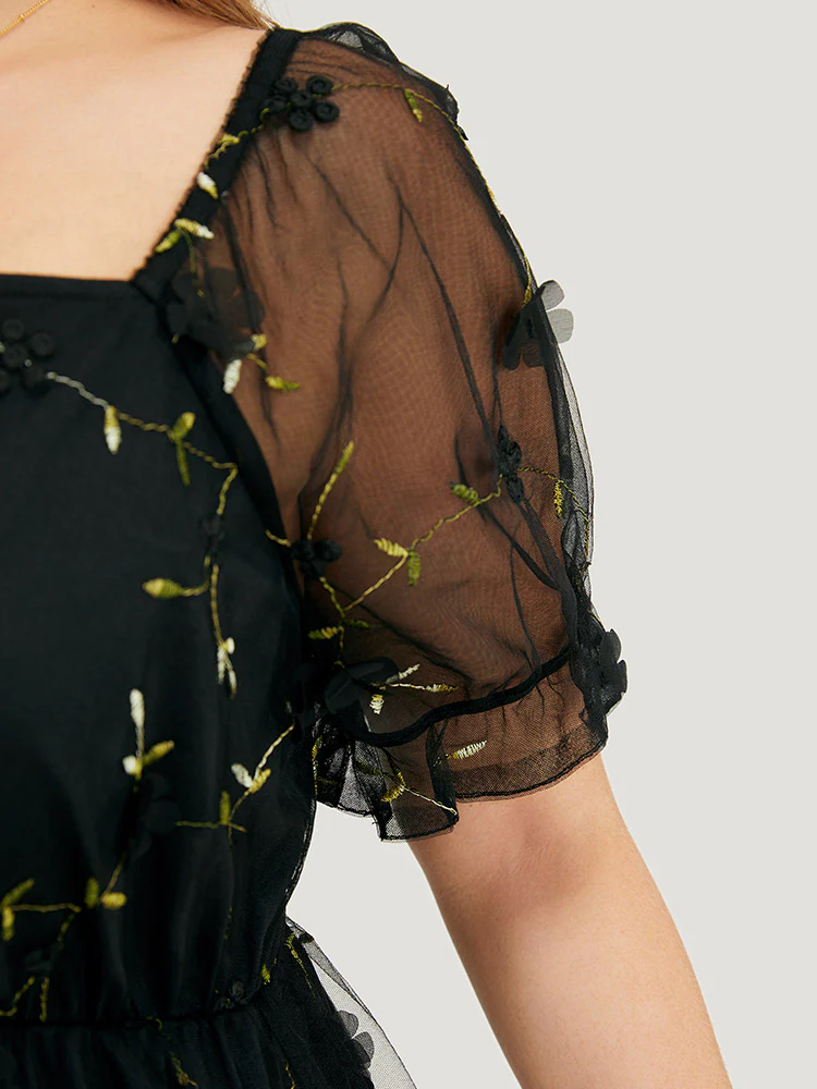 Plant Embroidered Appliques Mesh Puff Sleeve  Blouse - Image 7