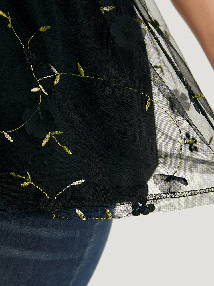 Plant Embroidered Appliques Mesh Puff Sleeve  Blouse - Image 9