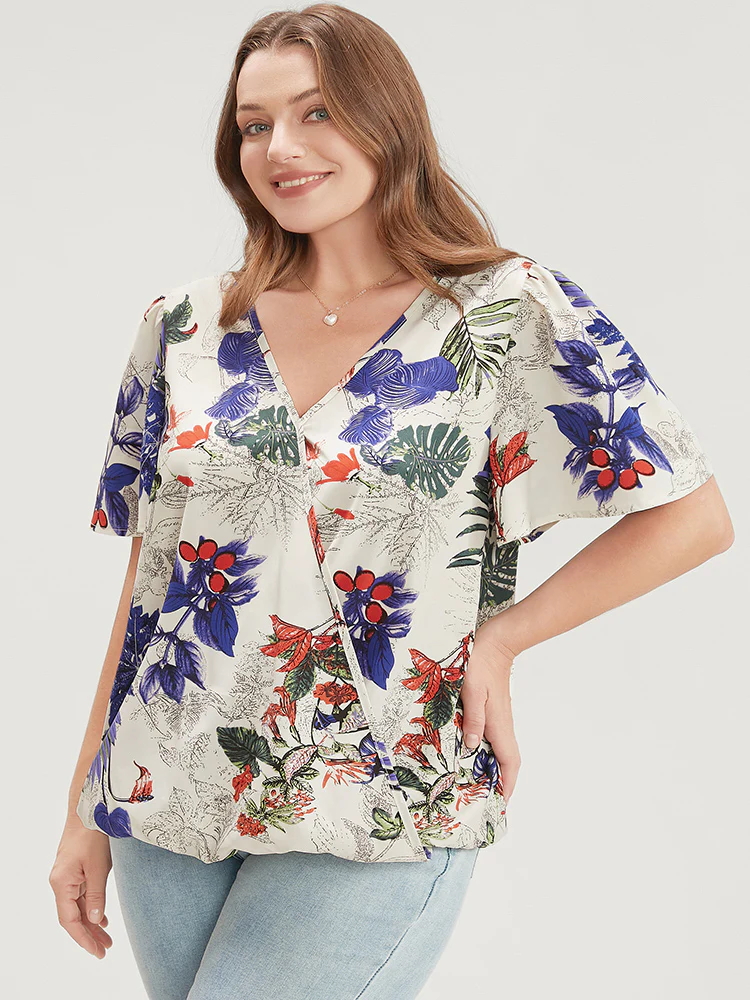 Plant & Floral Ruffle Sleeve Surplice Neck Blouse - Image 2