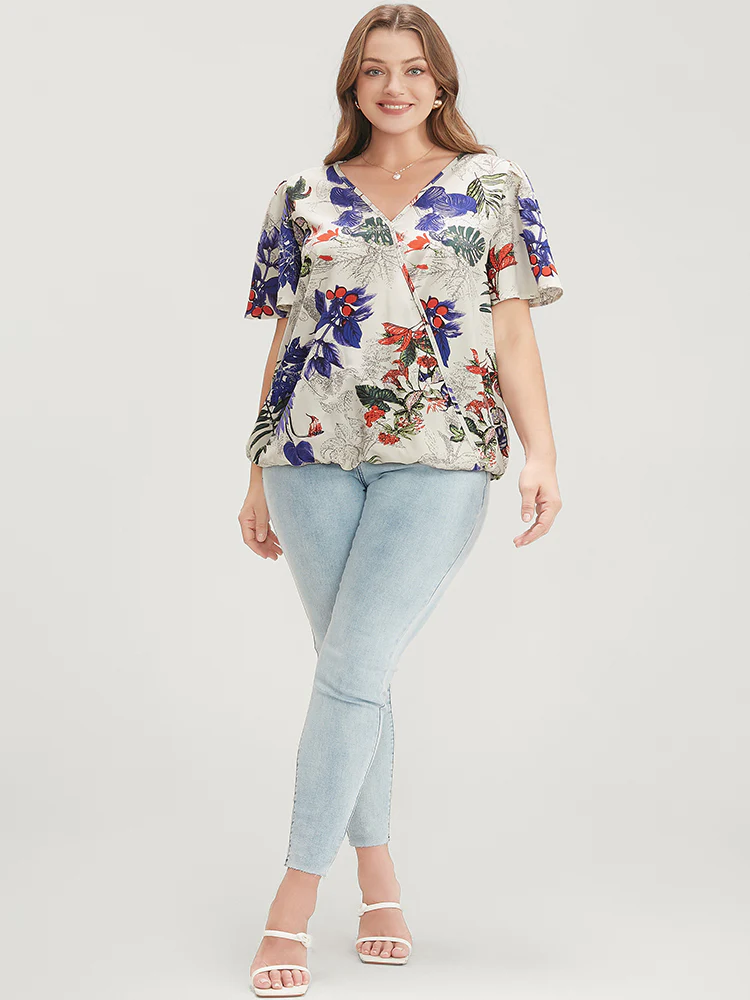 Plant & Floral Ruffle Sleeve Surplice Neck Blouse - Image 3