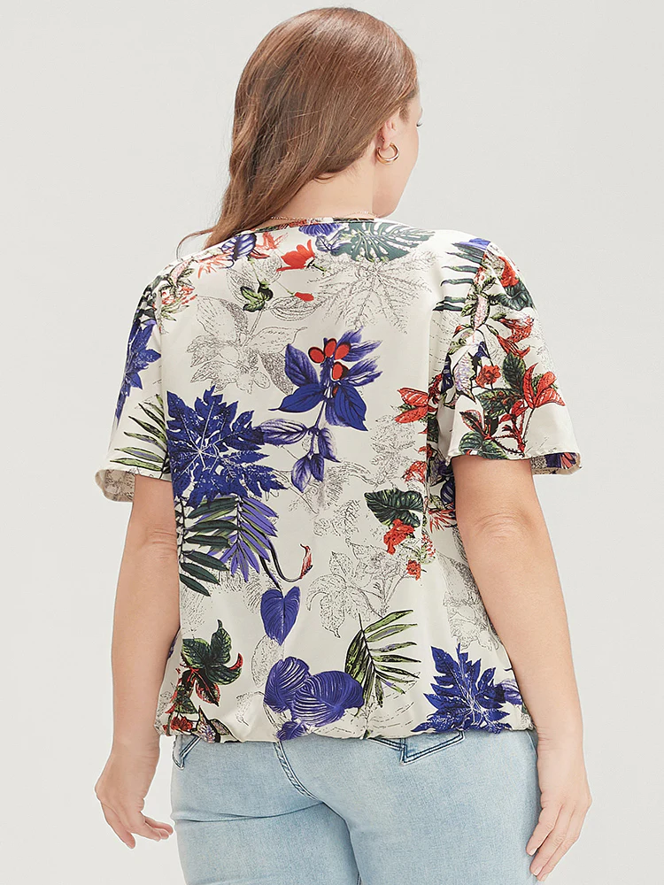 Plant & Floral Ruffle Sleeve Surplice Neck Blouse - Image 4