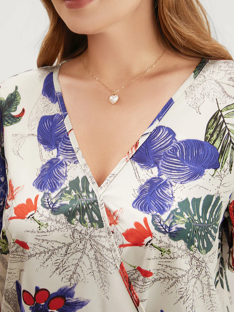 Plant & Floral Ruffle Sleeve Surplice Neck Blouse - Image 6