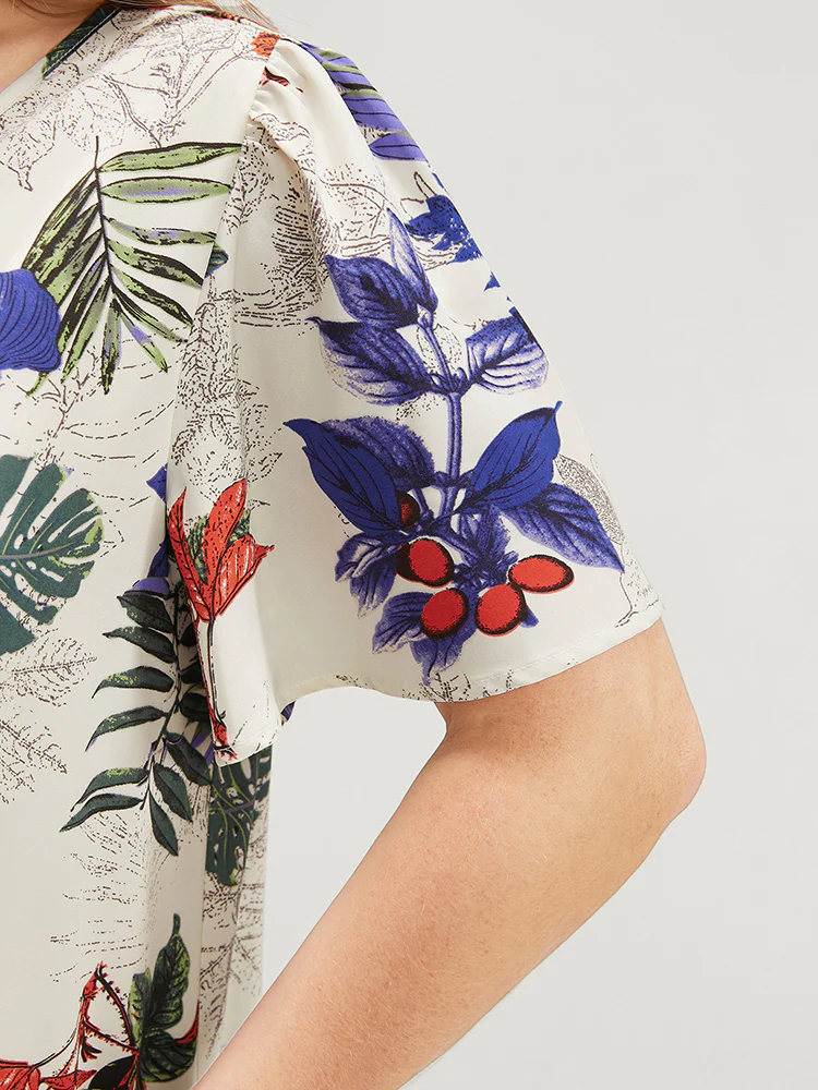 Plant & Floral Ruffle Sleeve Surplice Neck Blouse - Image 7