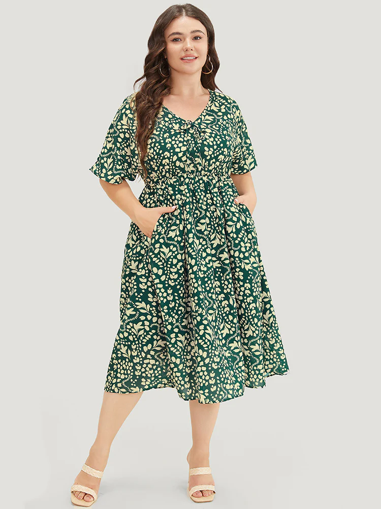 Plant & Geometric Batwing Sleeve Pocket Flutter Knot Neck Dress - Image 2