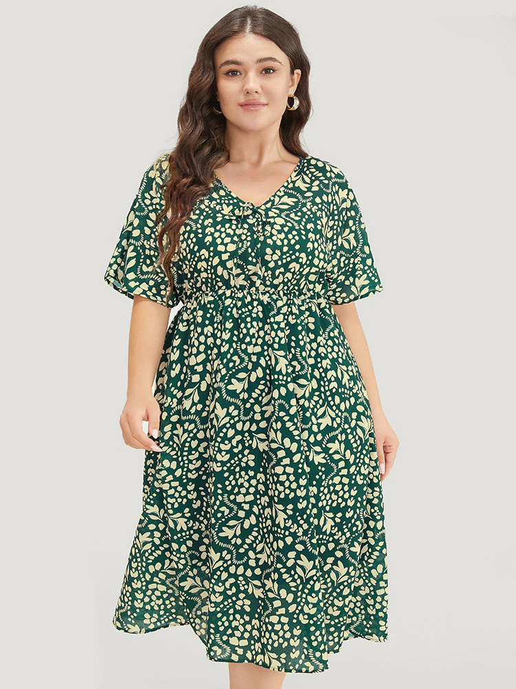 Plant & Geometric Batwing Sleeve Pocket Flutter Knot Neck Dress - Image 3