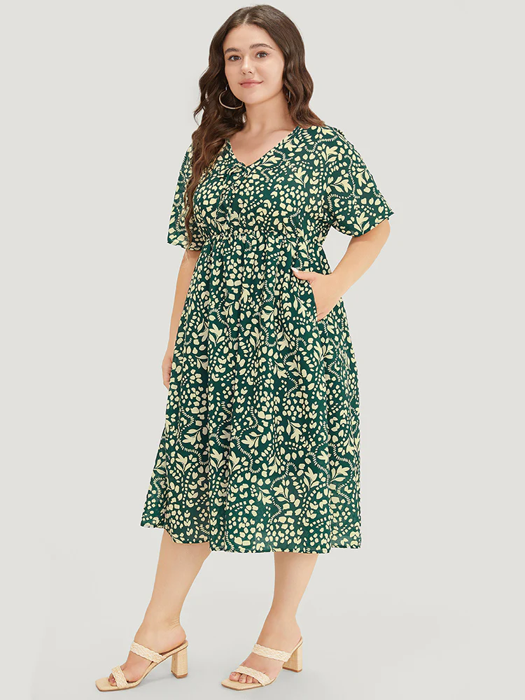 Plant & Geometric Batwing Sleeve Pocket Flutter Knot Neck Dress - Image 4