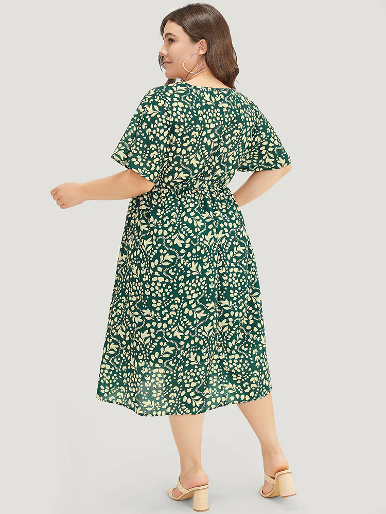 Plant & Geometric Batwing Sleeve Pocket Flutter Knot Neck Dress - Image 5