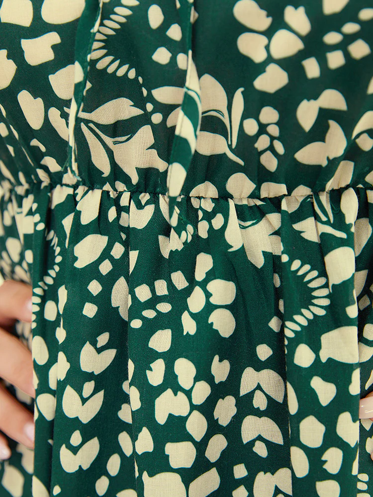 Plant & Geometric Batwing Sleeve Pocket Flutter Knot Neck Dress - Image 6