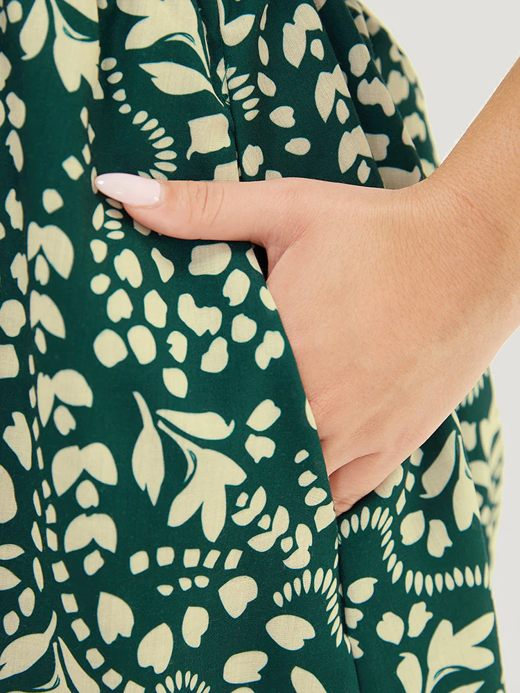 Plant & Geometric Batwing Sleeve Pocket Flutter Knot Neck Dress - Image 7
