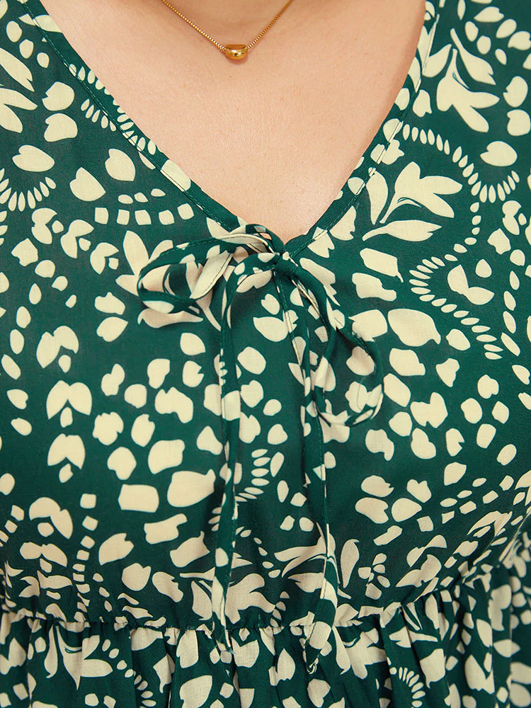 Plant & Geometric Batwing Sleeve Pocket Flutter Knot Neck Dress - Image 8