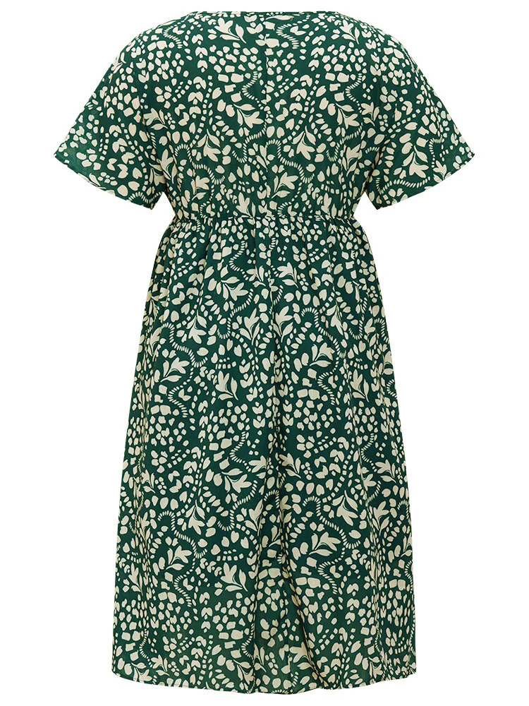 Plant & Geometric Batwing Sleeve Pocket Flutter Knot Neck Dress - Image 9