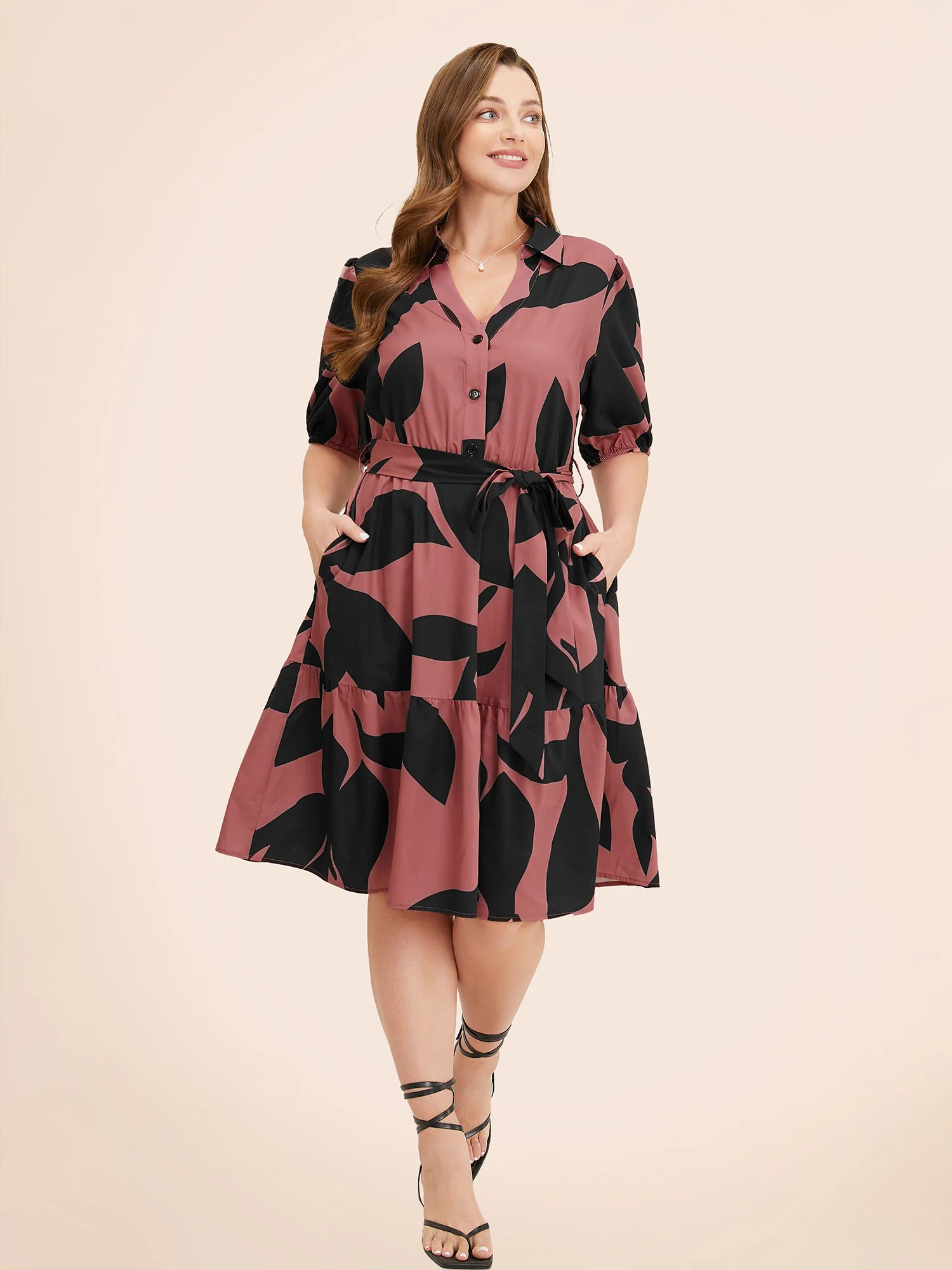 Plant Pocket Puff Sleeve Belt Ruffle Hem Button Up Dress - Image 10