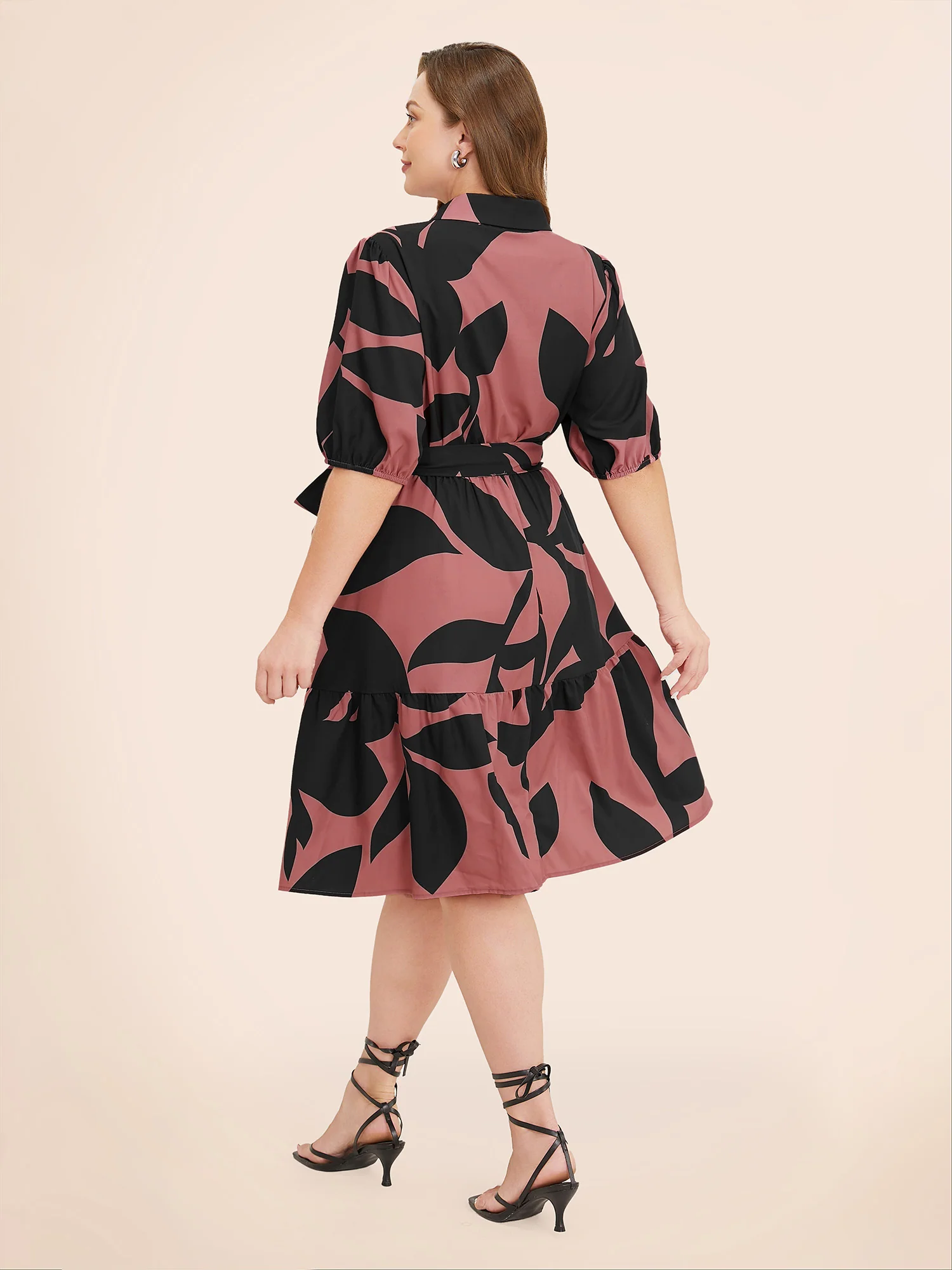 Plant Pocket Puff Sleeve Belt Ruffle Hem Button Up Dress - Image 11