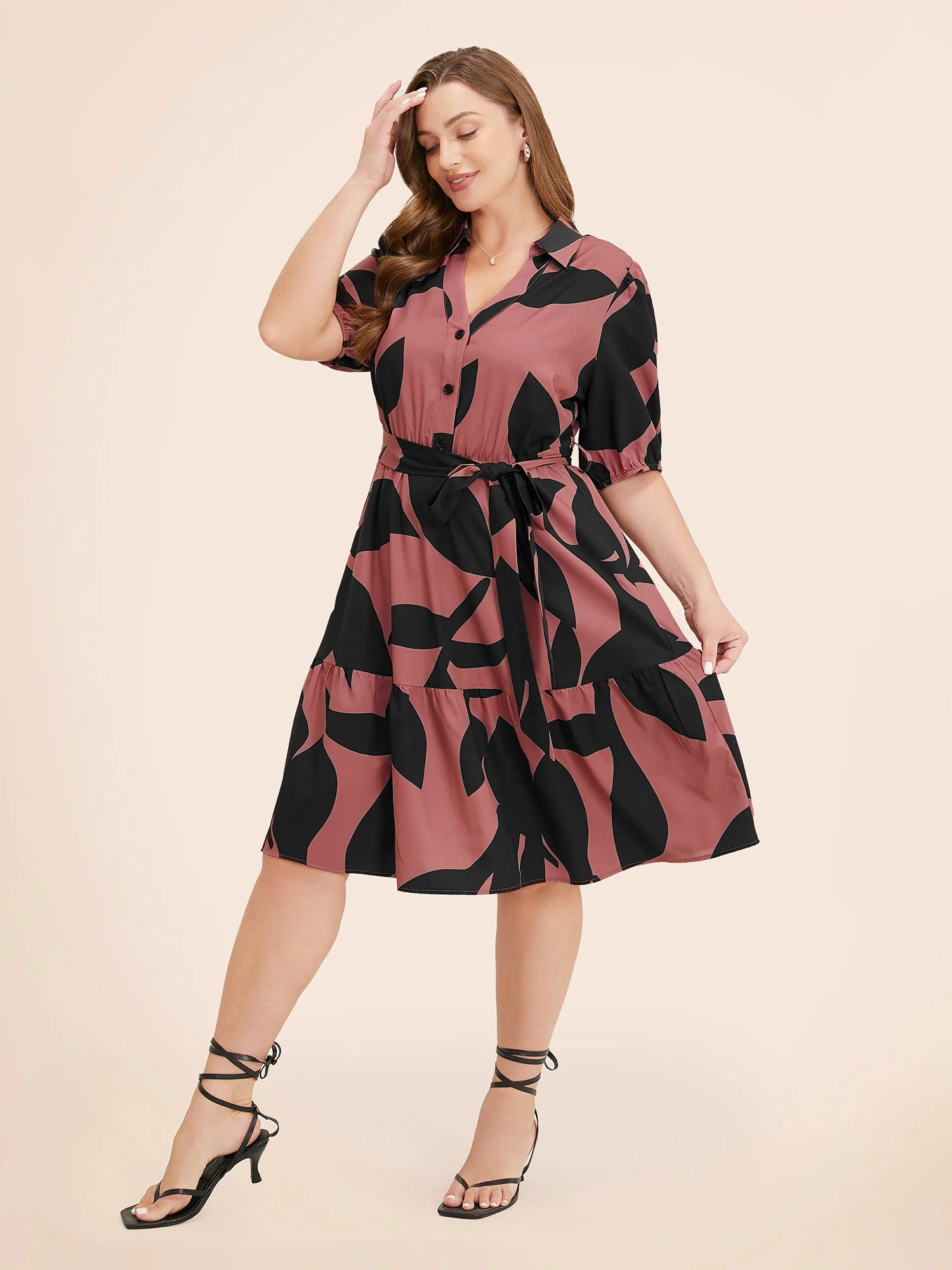 Plant Pocket Puff Sleeve Belt Ruffle Hem Button Up Dress - Image 12