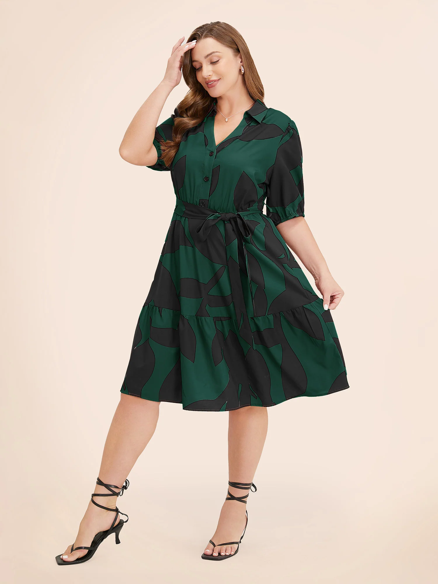 Plant Pocket Puff Sleeve Belt Ruffle Hem Button Up Dress - Image 3