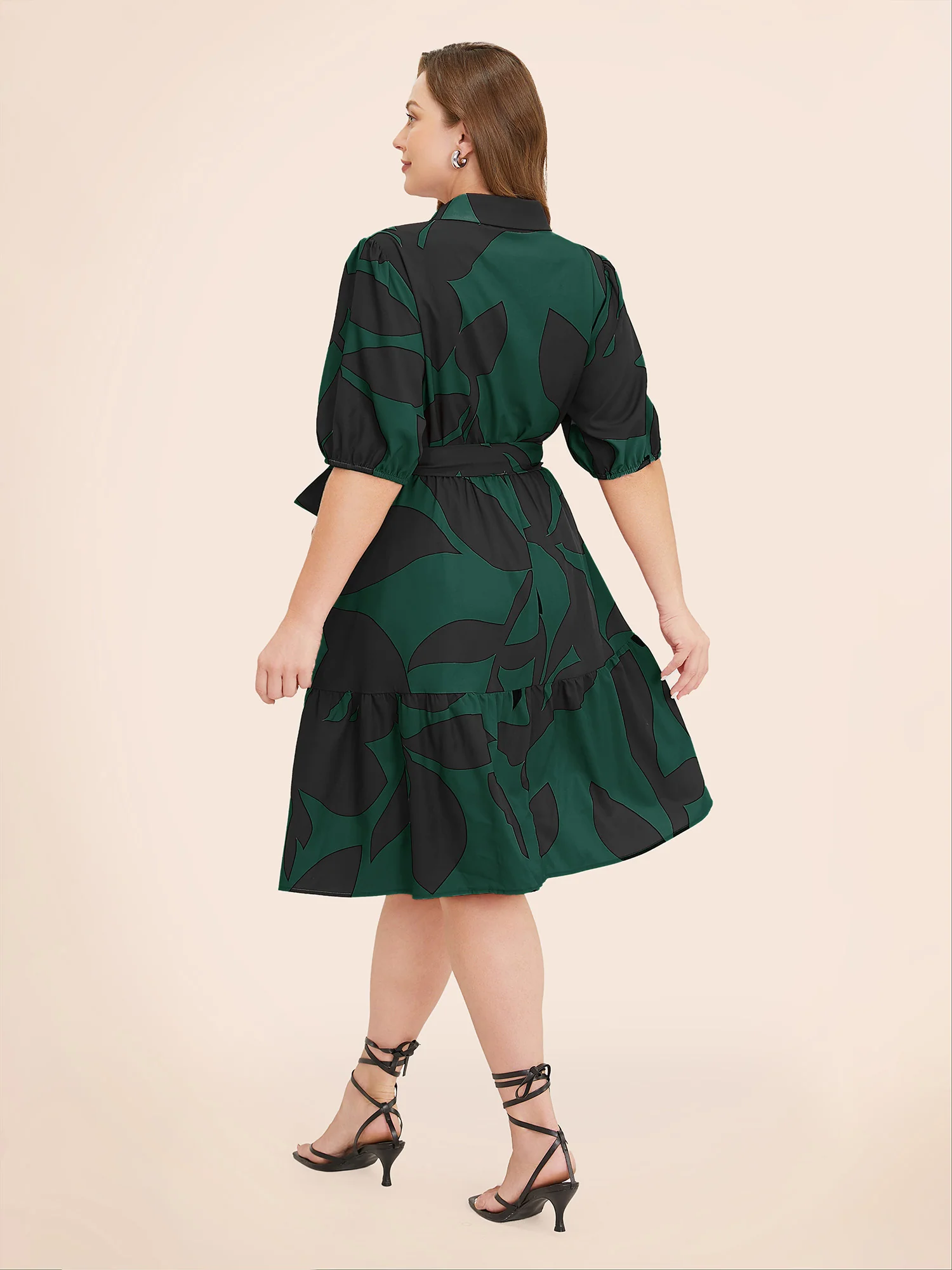 Plant Pocket Puff Sleeve Belt Ruffle Hem Button Up Dress - Image 4