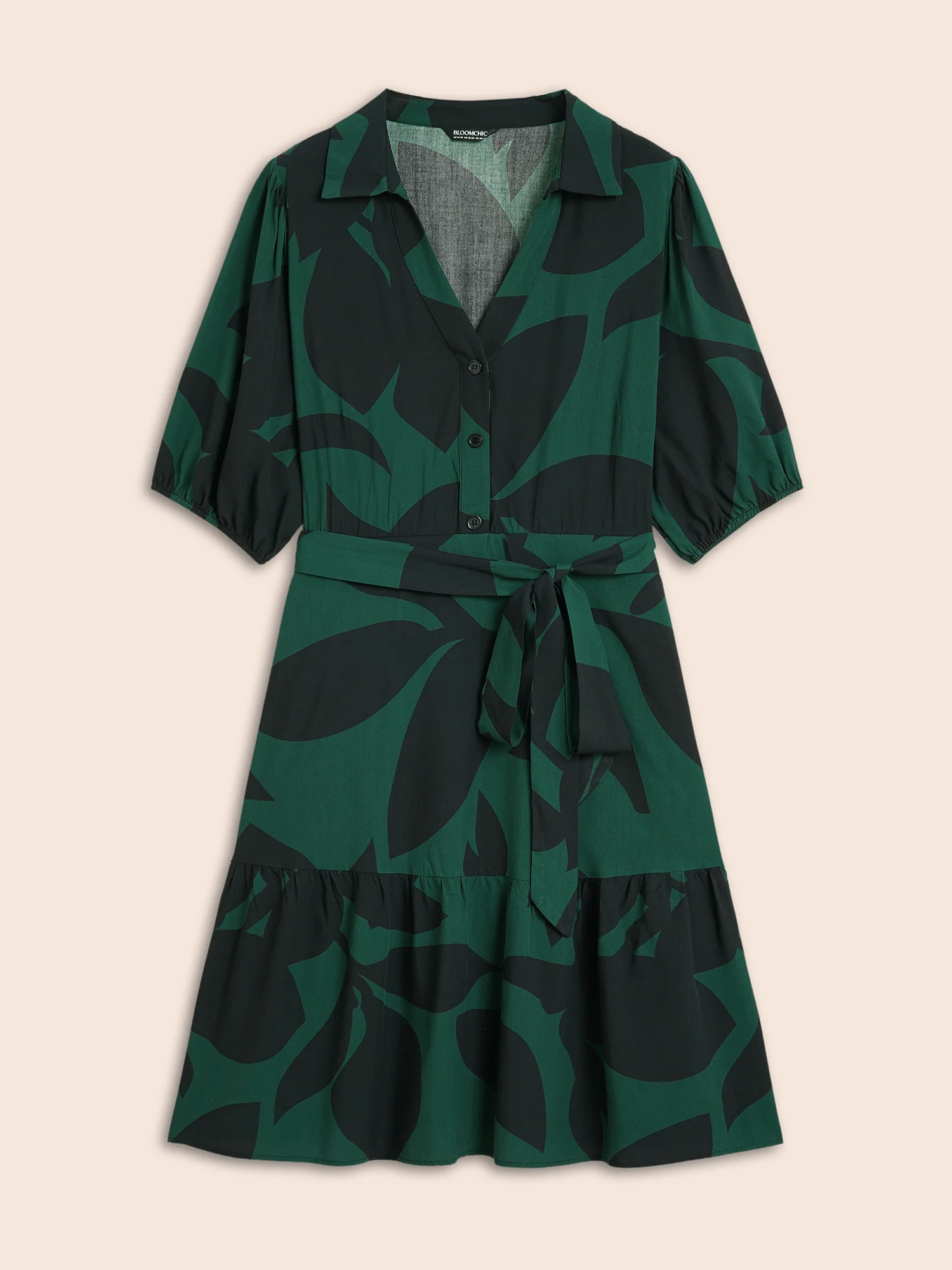 Plant Pocket Puff Sleeve Belt Ruffle Hem Button Up Dress - Image 7