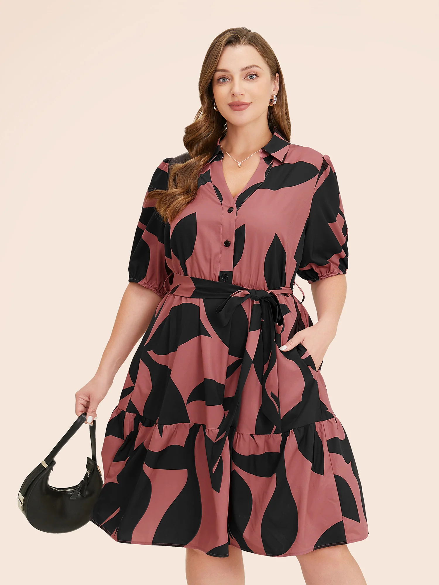 Plant Pocket Puff Sleeve Belt Ruffle Hem Button Up Dress - Image 8