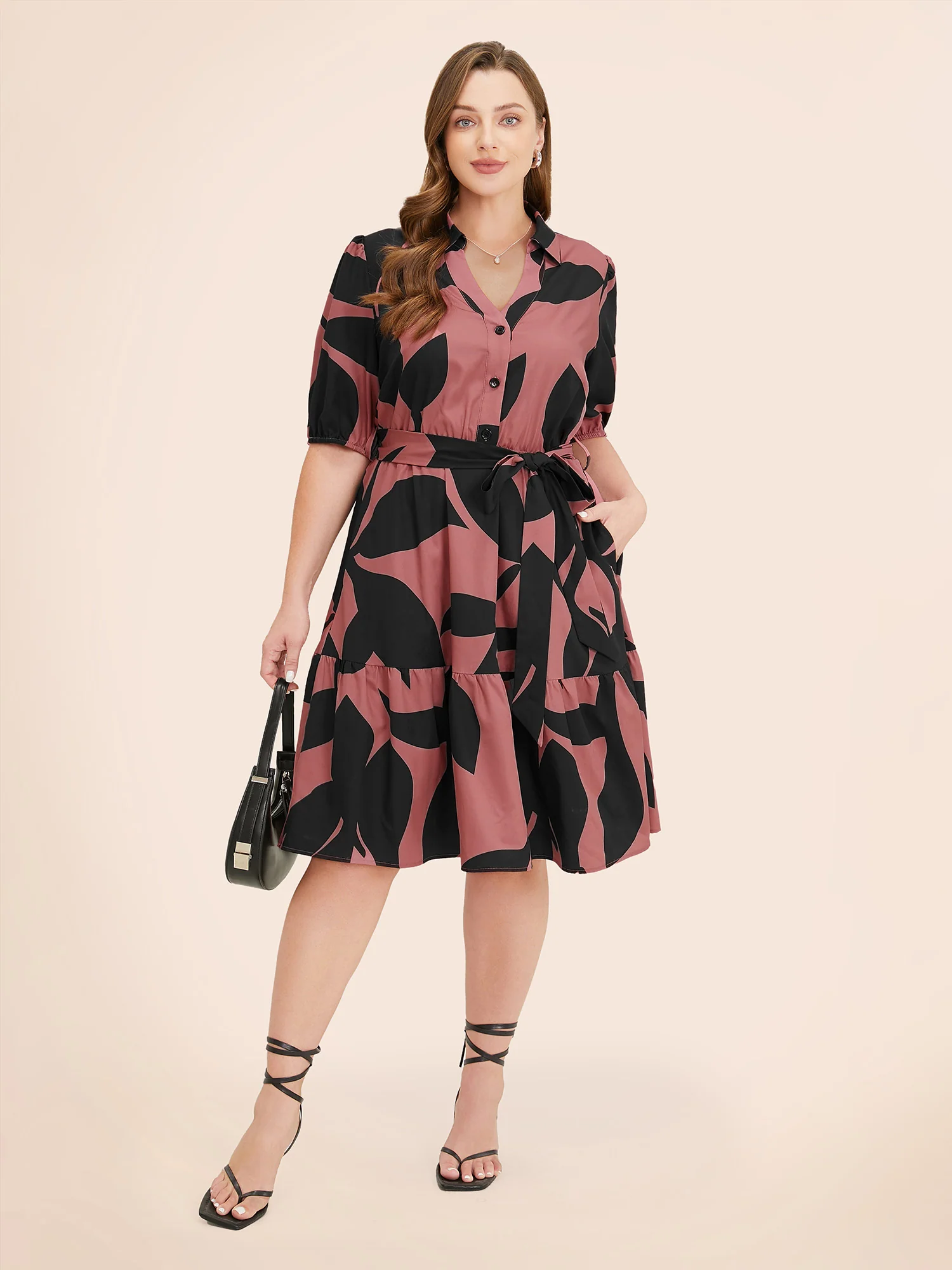 Plant Pocket Puff Sleeve Belt Ruffle Hem Button Up Dress - Image 9