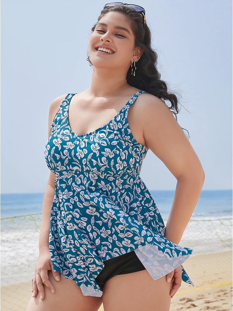 Plant Print Asymmetrical Hem Adjustable Straps Tankini Top - Image 5