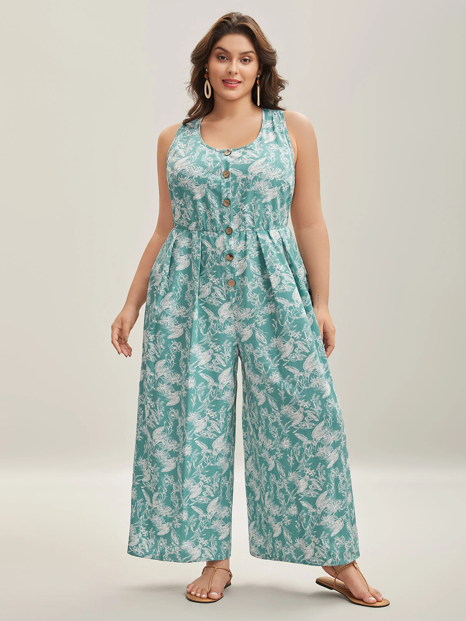 Plant Print Button Detail Stretchy Jumpsuit - Image 3