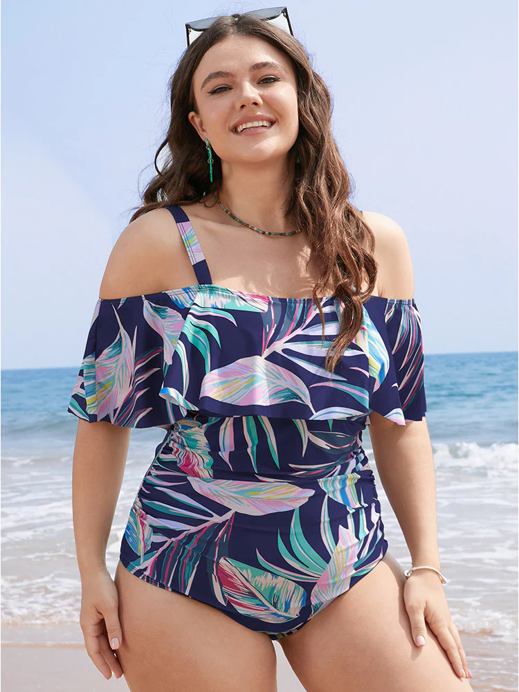 Plant Print Cold Shoulder Ruffle Trim One Piece Swimsuit - Image 4