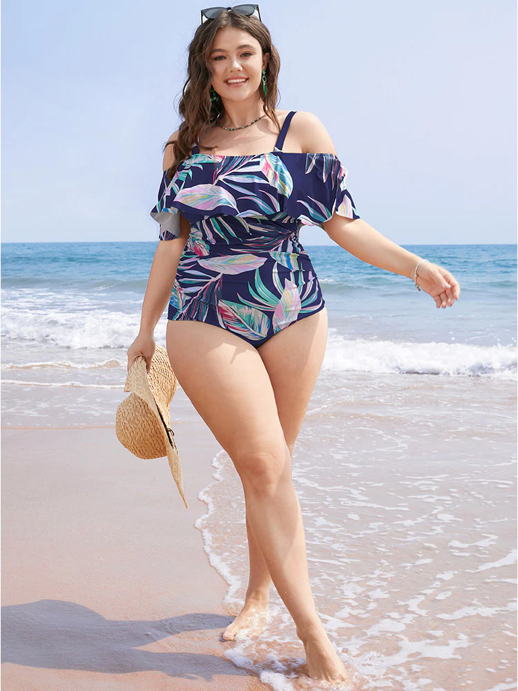 Plant Print Cold Shoulder Ruffle Trim One Piece Swimsuit - Image 5