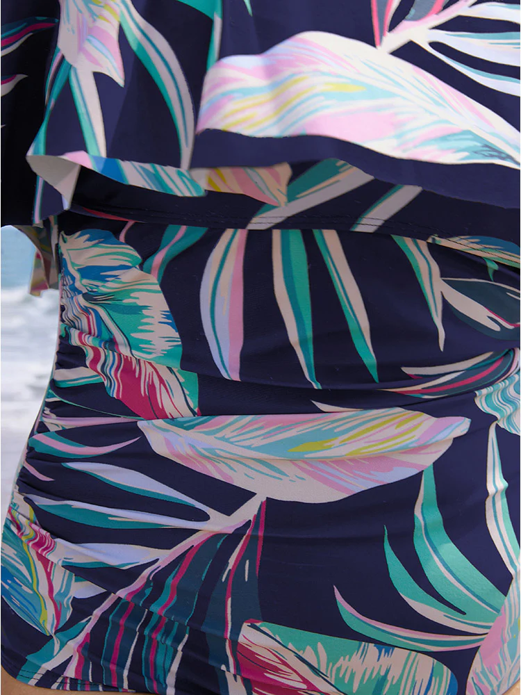 Plant Print Cold Shoulder Ruffle Trim One Piece Swimsuit - Image 7