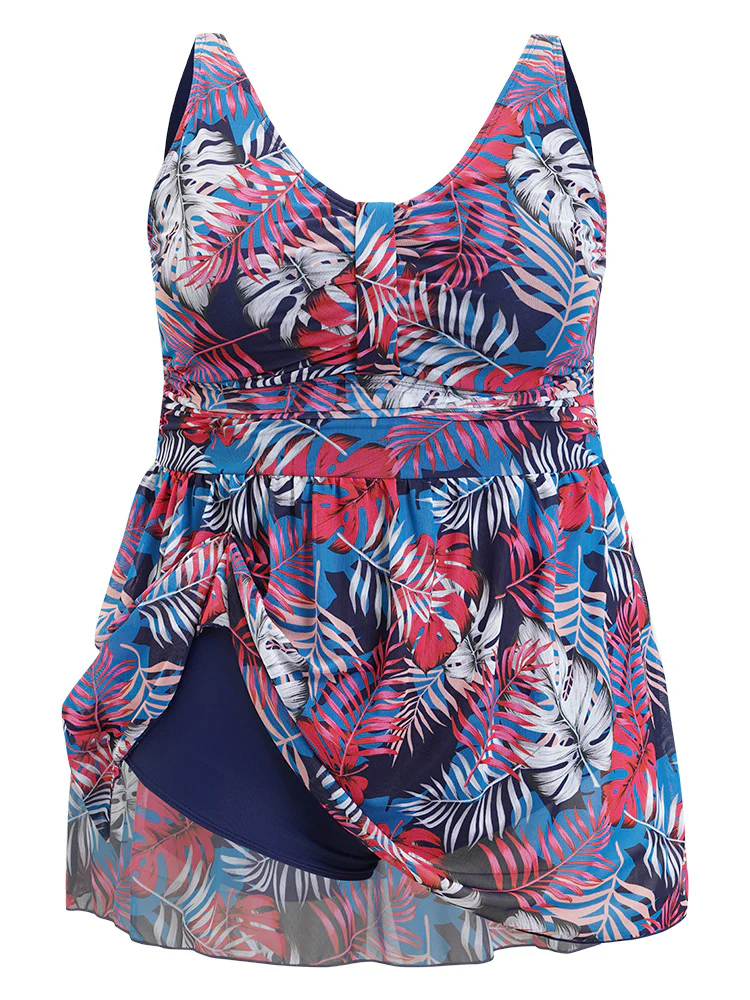 Plant Print Contrast Ruffle Hem A Line Ruched Swim Dress - Image 10