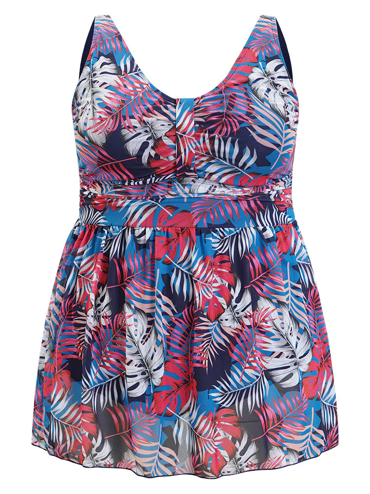 Plant Print Contrast Ruffle Hem A Line Ruched Swim Dress - Image 11