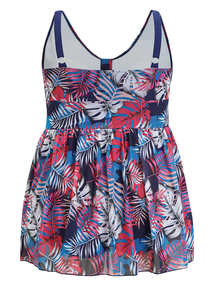 Plant Print Contrast Ruffle Hem A Line Ruched Swim Dress - Image 12