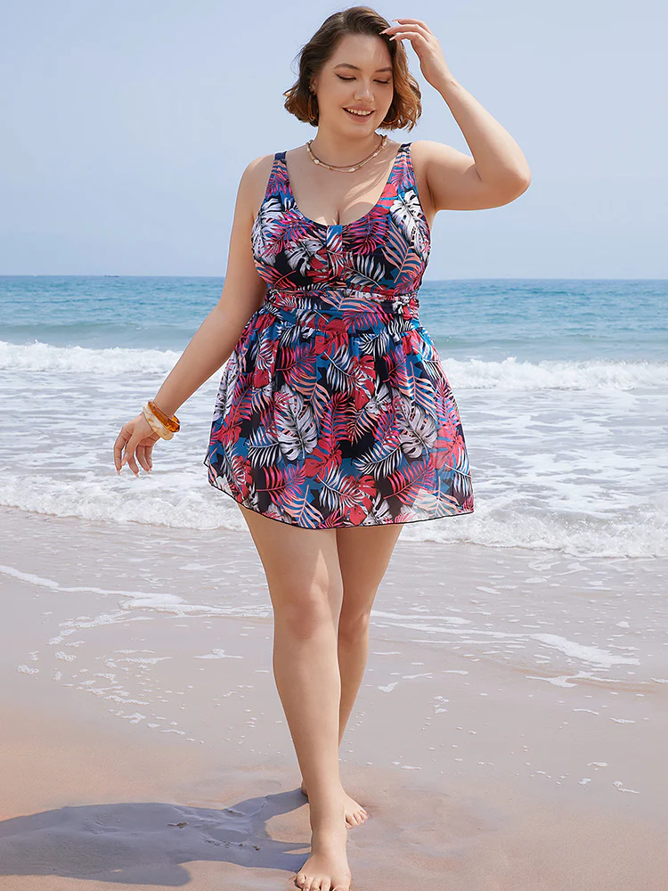 Plant Print Contrast Ruffle Hem A Line Ruched Swim Dress - Image 5
