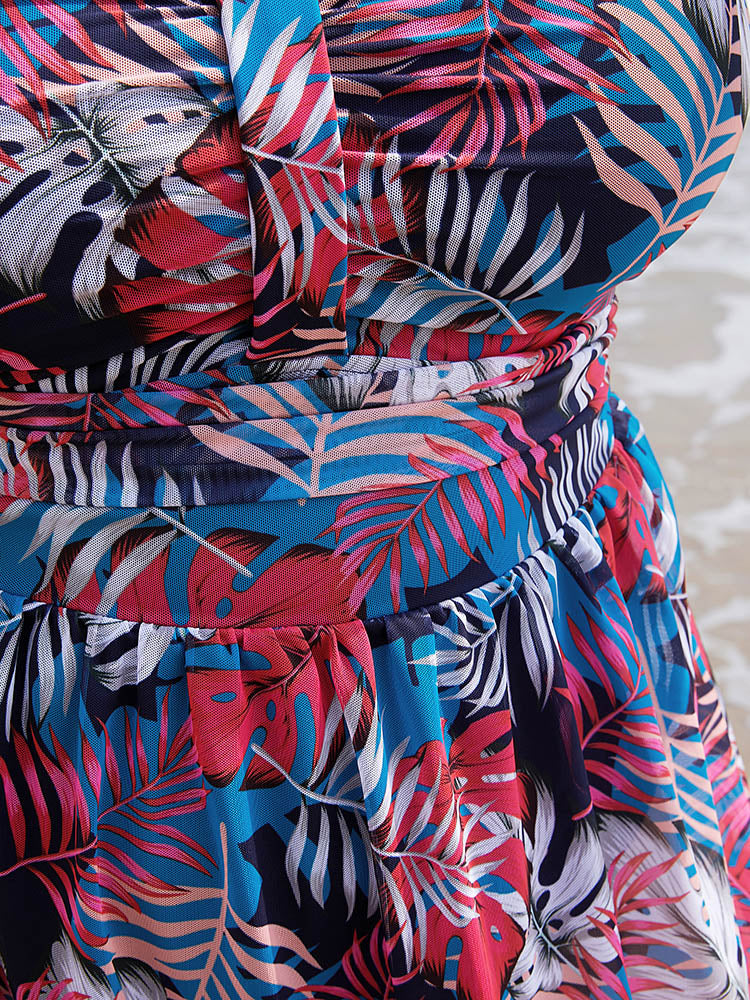 Plant Print Contrast Ruffle Hem A Line Ruched Swim Dress - Image 8
