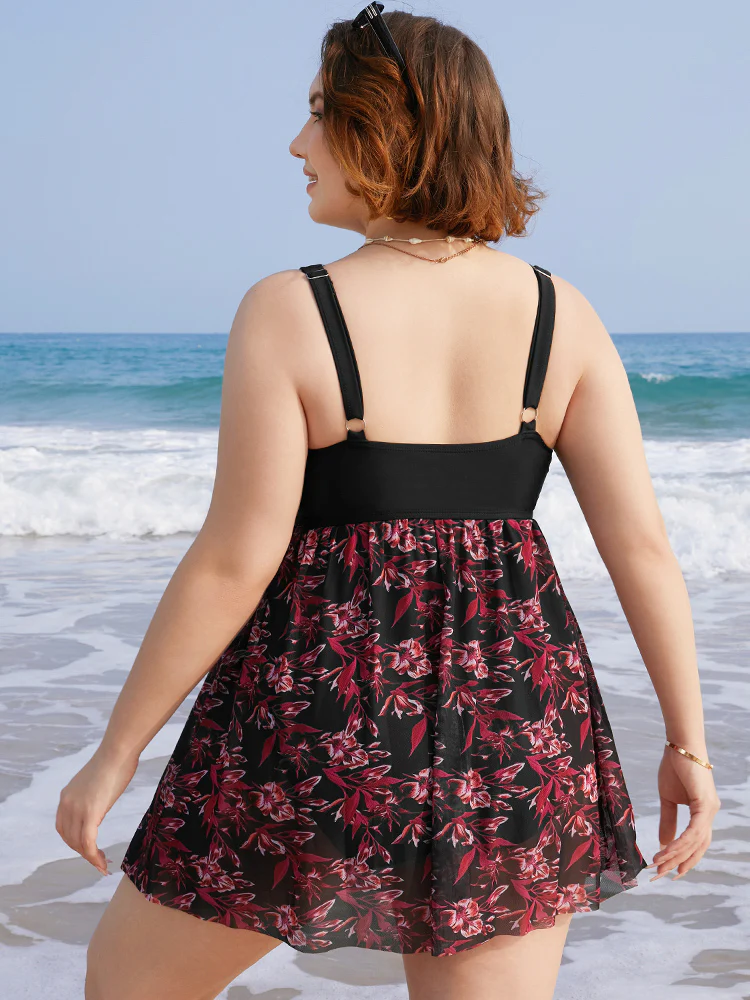 Plant Print Drawstring Ruffles Ruched A Line Swim Dress - Image 2
