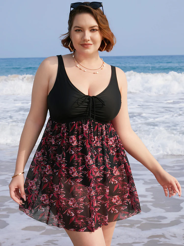 Plant Print Drawstring Ruffles Ruched A Line Swim Dress - Image 3