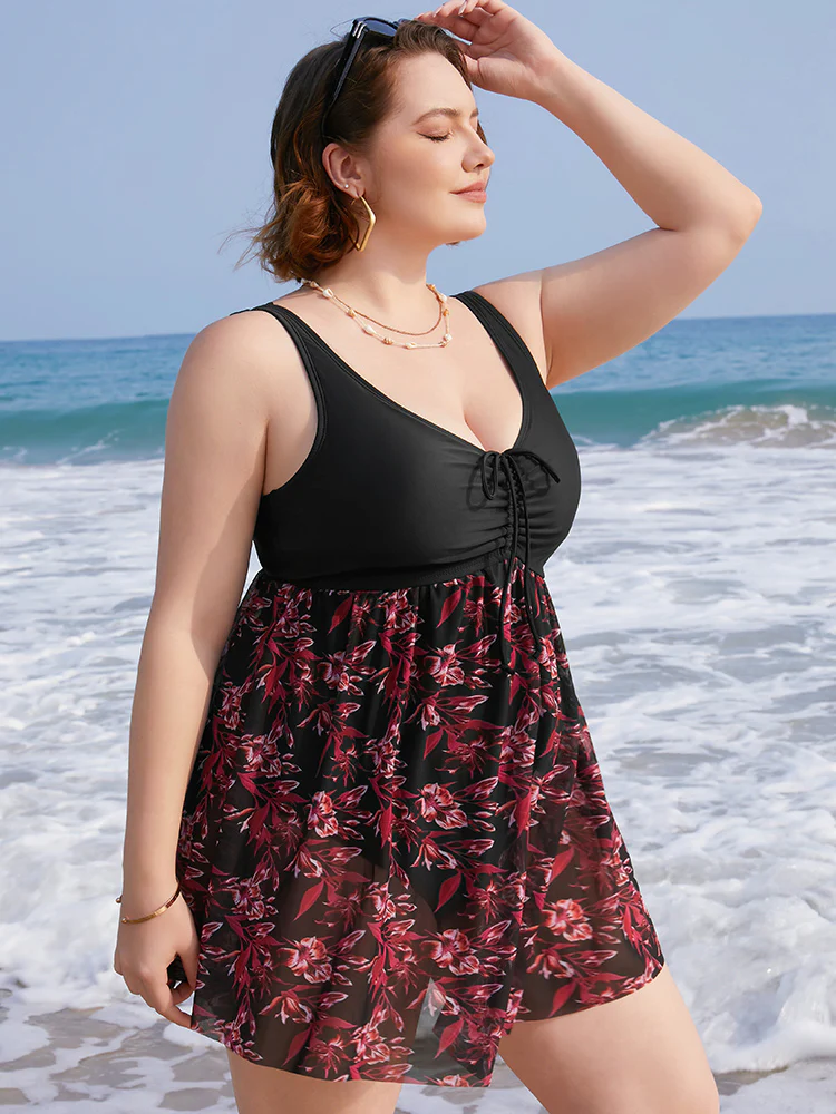 Plant Print Drawstring Ruffles Ruched A Line Swim Dress - Image 4