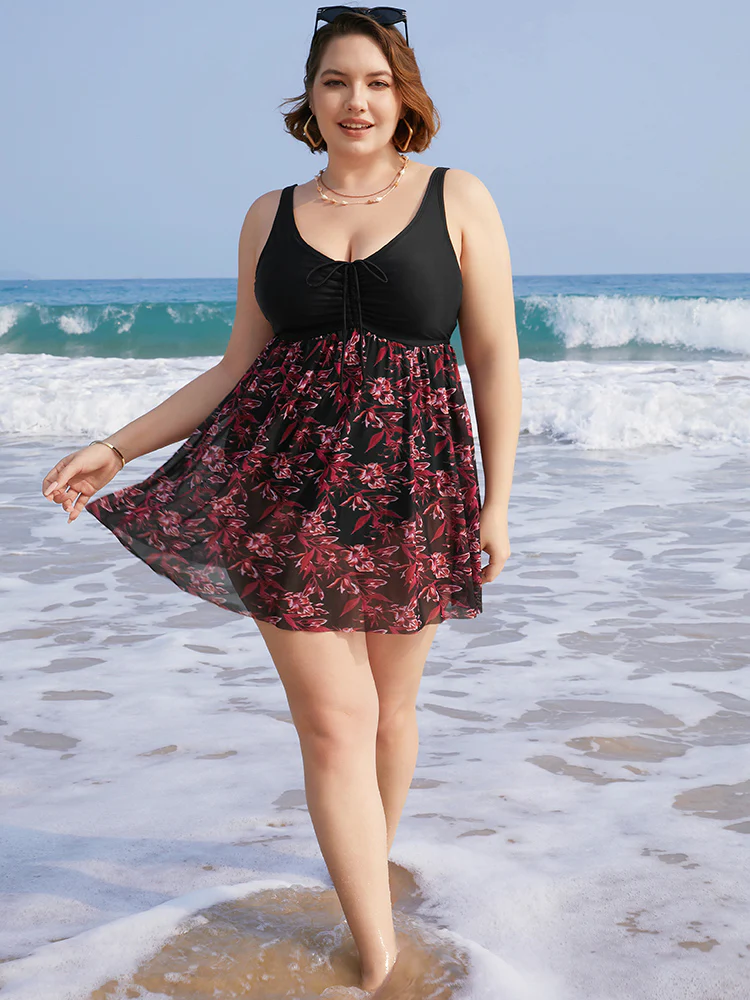 Plant Print Drawstring Ruffles Ruched A Line Swim Dress - Image 5