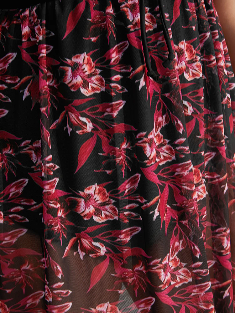 Plant Print Drawstring Ruffles Ruched A Line Swim Dress - Image 8