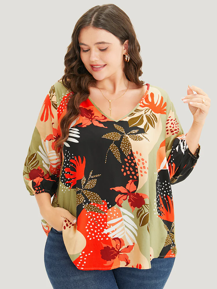 Plant Print Lantern Sleeve V Neck Blouse - Image 2