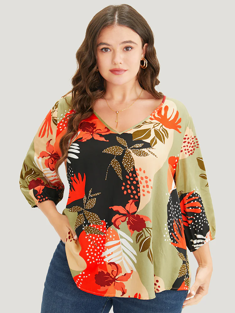 Plant Print Lantern Sleeve V Neck Blouse - Image 3