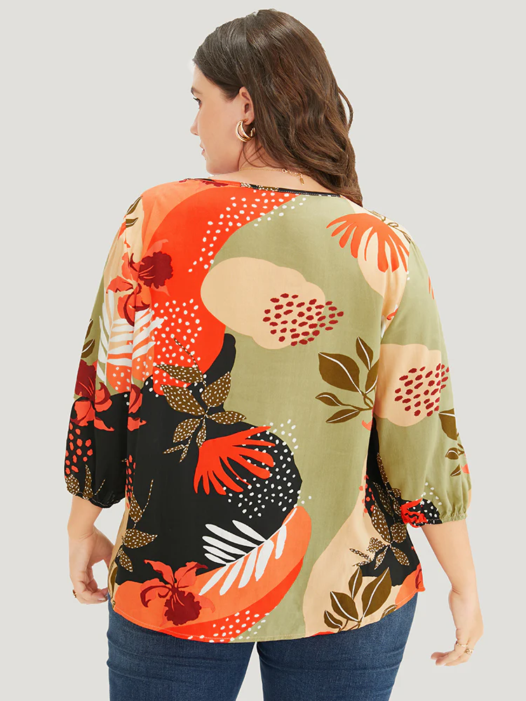 Plant Print Lantern Sleeve V Neck Blouse - Image 4