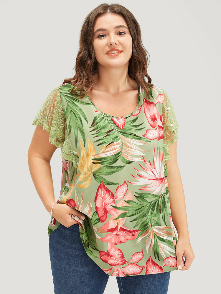 Plant Print Mesh Ruffle Sleeve Blouse - Image 2