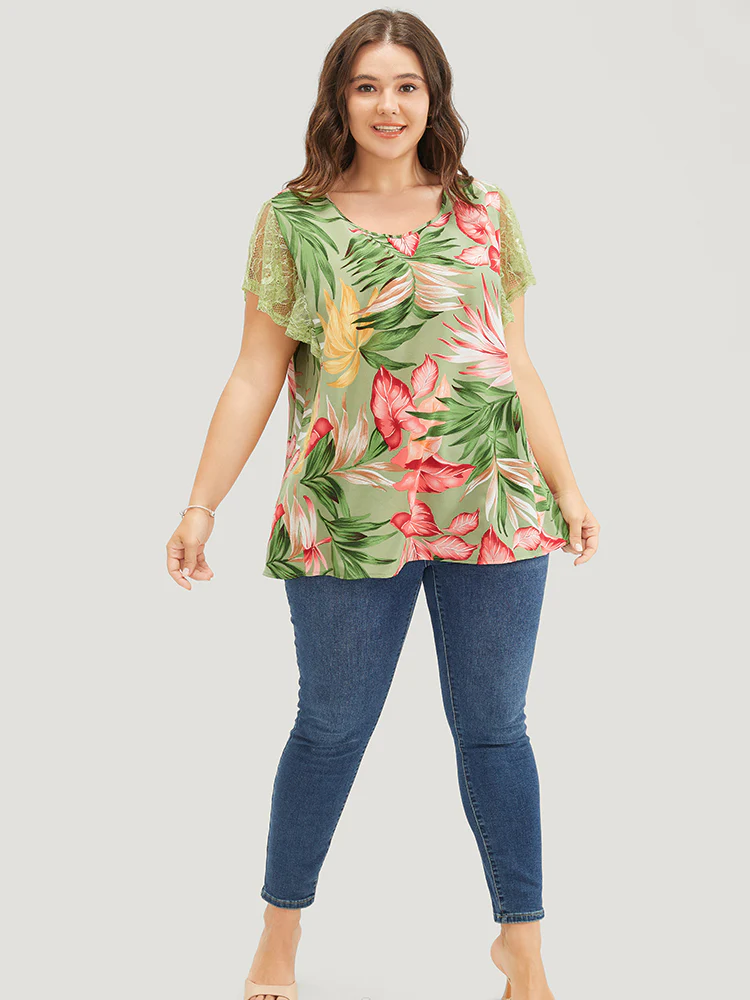 Plant Print Mesh Ruffle Sleeve Blouse - Image 4