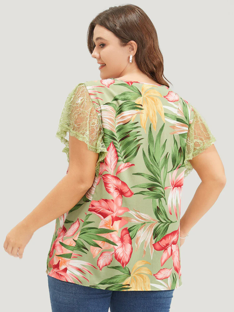Plant Print Mesh Ruffle Sleeve Blouse - Image 5