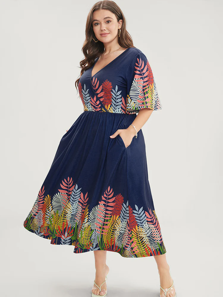 Plant Print Surplice Neck Pocket Ruffles Midi Dress - Image 2