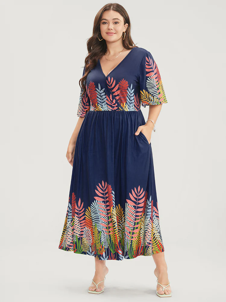 Plant Print Surplice Neck Pocket Ruffles Midi Dress - Image 3