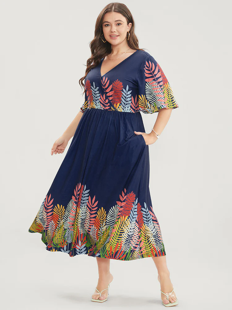 Plant Print Surplice Neck Pocket Ruffles Midi Dress - Image 4