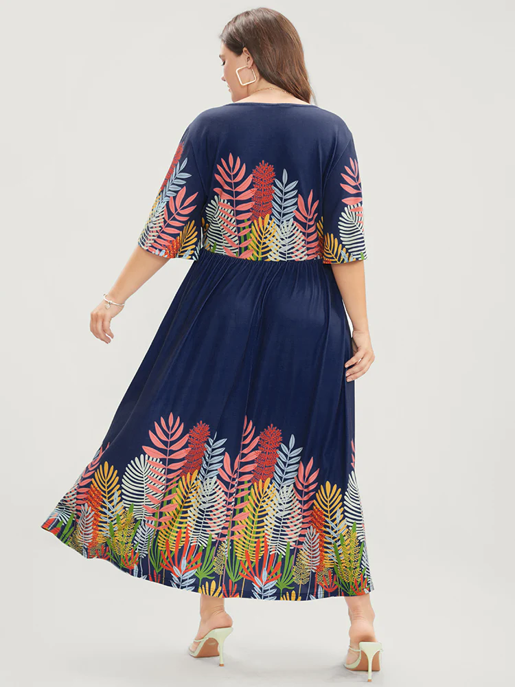 Plant Print Surplice Neck Pocket Ruffles Midi Dress - Image 5