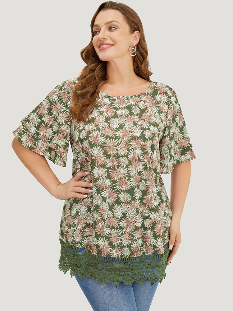 Plant Print Tiered Sleeve Lace Hem Blouse - Image 2