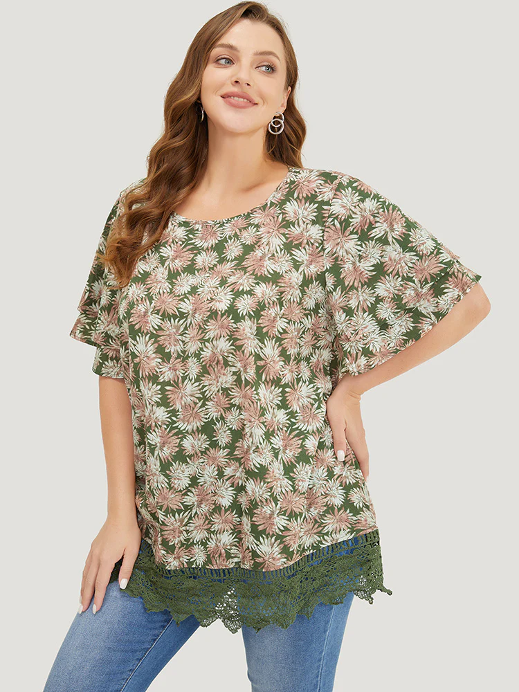 Plant Print Tiered Sleeve Lace Hem Blouse - Image 3